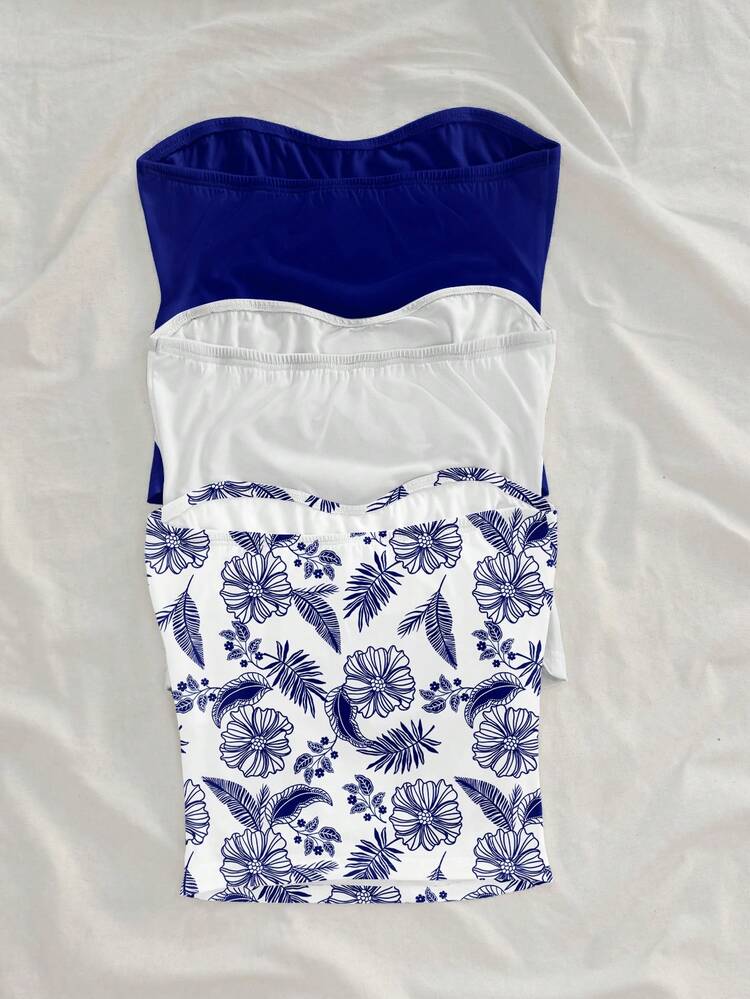 Soleia 3 peças/Conjunto Blusas Cropped Casuais Boêmias Elegantes Retrô com Estampa Floral e Botânica, Adequadas para Primavera/Verão - Multicolorido - Visão 2