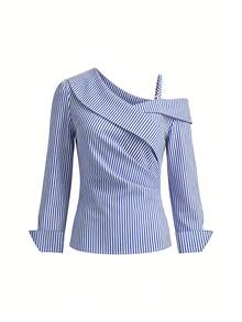 Rina Fox Women's Blue & White Striped Asymmetrical Shoulder Long Sleeve Pleated Waist Shirt - Multicolor - View 3
