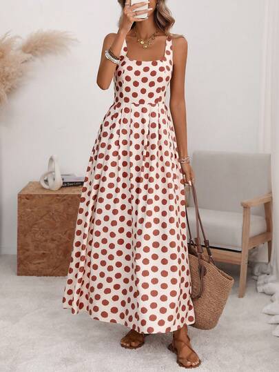 Florisole Women's U-Neck Wide Strap Cinched Waist Pleated Back Adjustable Tie Backless A-Line Midi Dress, Romantic Polka Dot, Elegant French Retro Minimalist, Suitable For Office, Commute, Business, Casual, Beach, Spring/Summer