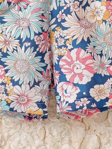 SHEIN 2件套女童碎花荷叶边上衣和短裤，夏季 - 藍色 - 查看 4