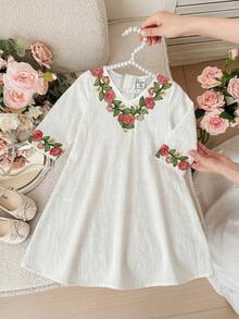 SHEIN Baby Girl V-Neck Floral Embroidery Casual Versatile Dress - White - View 3