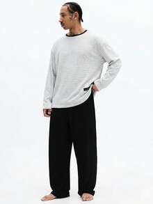 SUMWON Striped Crew Neck Long Sleeve Top And Straight Leg Lounge Pants Comfortable Relaxed Fit Pajama Set With Contrast Trim