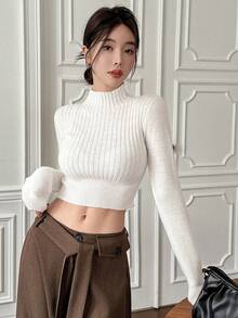 Dazy Star 女式纯色立领长袖修身毛衣，适合秋冬季短款女式上衣 - 白色 - 查看 8