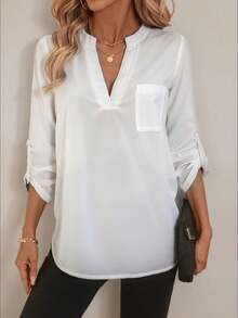 EMERY ROSE Women's V-Neck Plain Textured Fabric Casual Summer Shirt White V Neck Blouse Women  Blouses For Women Linen Blouses For Women Women White Blouse  Tops For Women FALL Women Clothes Business Casual Woman  Button Up Shirt Women Button Up Shirt - White - View 6