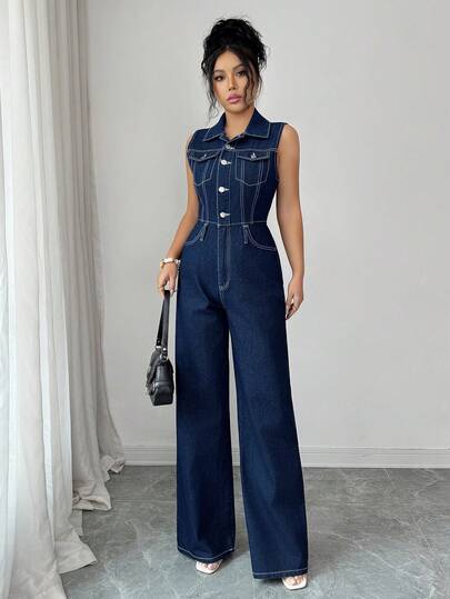 Elenzga 女士休闲直筒深色带白色线条设计的牛仔连体裤