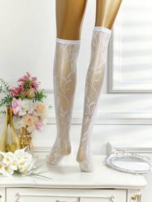 1 par de medias de red para mujer, de moda y versátiles para uso diario - Blanco - Ver 7