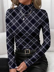 SHEIN Clasi Women's Casual Minimalist Turtleneck T-Shirt, Navy Blue Plaid Print Pattern - Multicolor - View 1