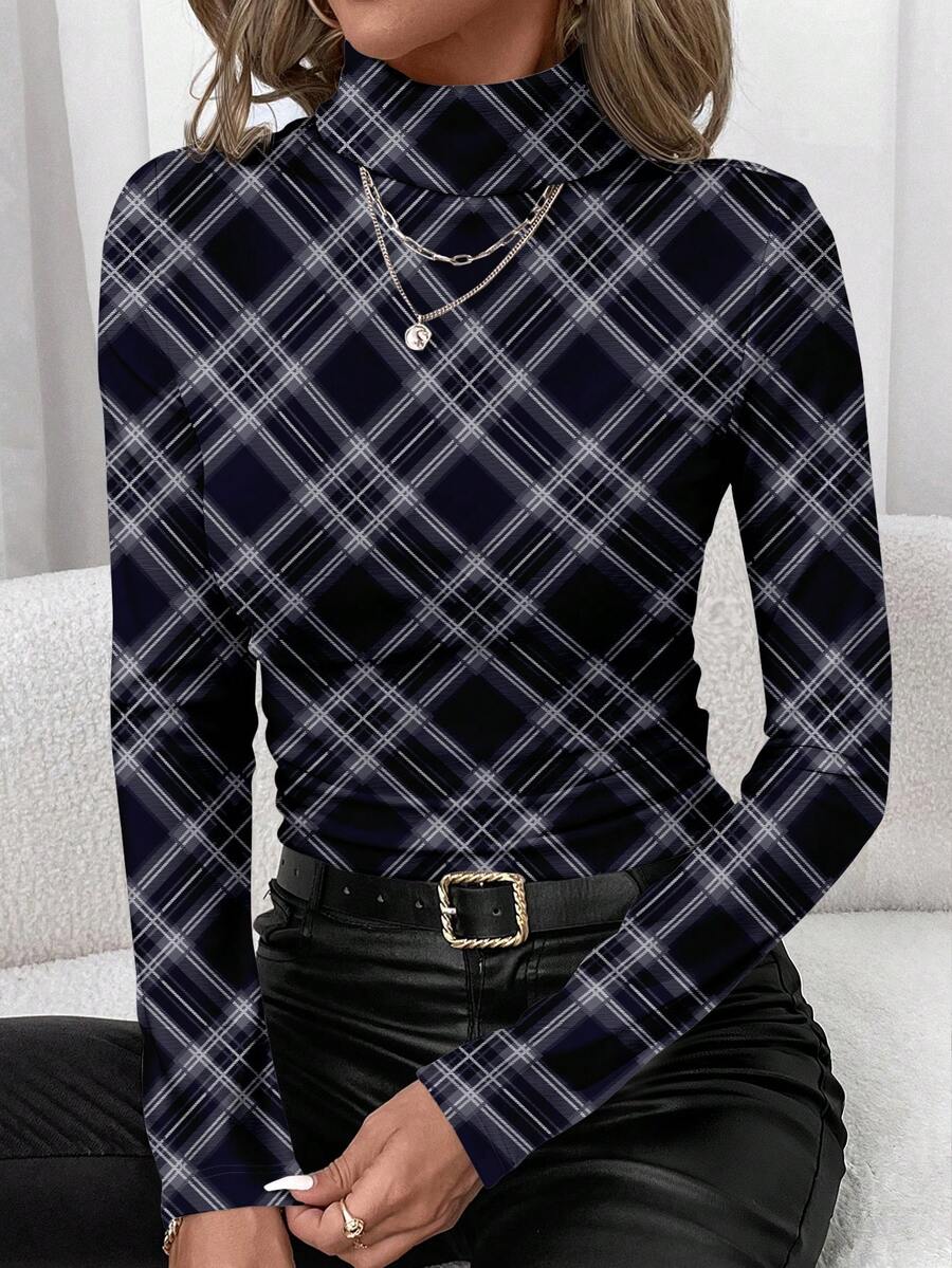 SHEIN Clasi Women's Casual Minimalist Turtleneck T-Shirt, Navy Blue Plaid Print Pattern - Multicolor - View 1