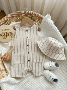 Baby Boy Striped Single-Breasted Round Neck Pocket Casual Sleeveless Romper - Multicolor - View 6