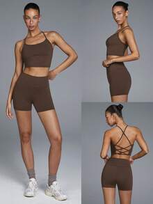 Menodora SHEIN Sport 一套纯色露背吊带上衣和短裤，瑜伽/健身服 - 咖啡棕 - 查看 8