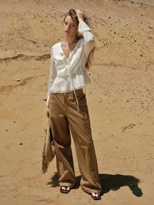 MOTF STUDIO 女士褶皱雪纺二合一荷叶边袖系带衬衫 - 杏色 - 查看 3