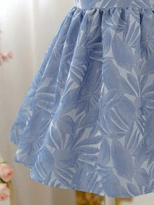 SHEIN Glamorique Kids 女童碎花腰部泡泡袖薄纱优雅派对连衣裙，适合所有季节 - 藍色 - 查看 6