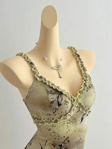 Elamini Women's Casual Vacation Elegant Frill Trim Camisole Dress - Green - View 1