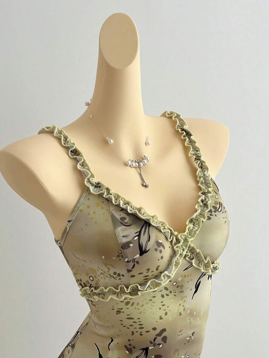 Elamini Women's Casual Vacation Elegant Frill Trim Camisole Dress - Green - View 1