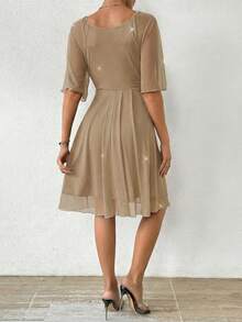 Rafferiza Mesh Embossed Ruffle Sleeve Waist Cinched Mini Dress - Khaki - View 2
