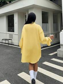 SHEIN PariChic Women's Loose Pleated Long Sleeve Contrast Collar Blouse - Yellow - View 2