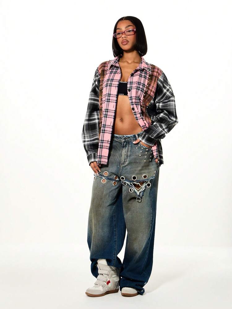SUMWON WOMEN Oversized Check Plaid Button Down Blouse