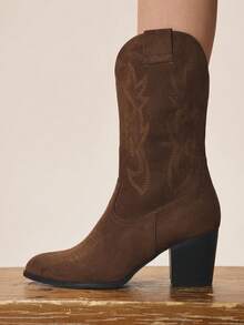 Styleloop Women's Pointed Toe Casual Fashion Chunky Heel Western Boots Valentine's Day - Coffee Brown - View 3