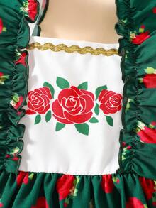 SHEIN 新生女宝宝橙色蕾丝无袖拼接白色印花连衣裙和发带，夏季新款 - 綠色 - 查看 4