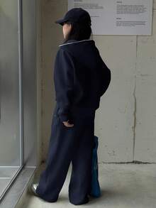 DAZY Bộ 2 áo hoodie đan len thêu họa tiết cho bé gái tuổi teen và quần lót giữ nhiệt, Thu/Đông - Màu xanh hải quân - Xem 2