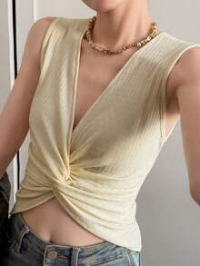 DAZY Women's Solid Color Deep V-Neck Twist Ruched Fashionable Versatile Top For Dates And Outings - Beige - View 7