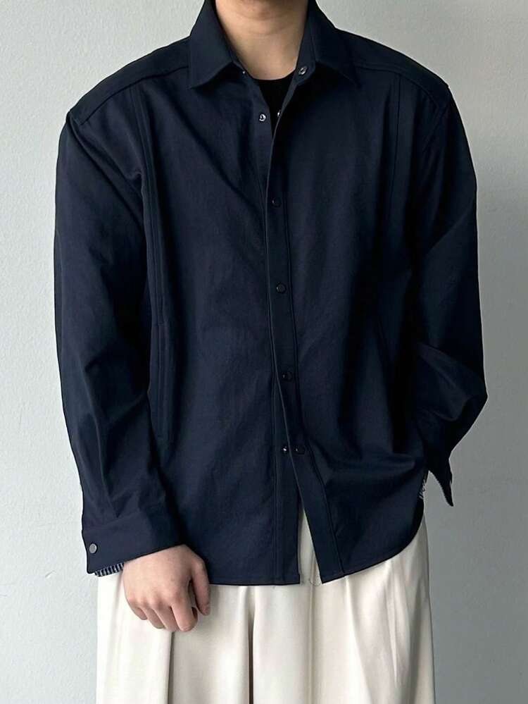 Spring Men's 2 In 1 Design Navy Blue Hem Plaid Fabric Shacket