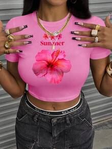 Rovax Women's Floral Print Short Sleeve Cropped Round Neck T-Shirt - Hot Pink - View 5