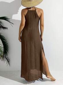 Swim Vcay Women's Summer Beach Vacation High Slit Off-Shoulder Cover-Up - Brown - View 2