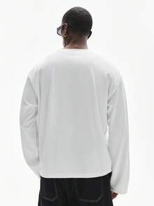 STYNVO Men's Long Sleeve Round Neck T-Shirt, Ribbed Fabric, Handwritten English Embroidery, Loose Dropped Shoulder Silhouette - White - View 2
