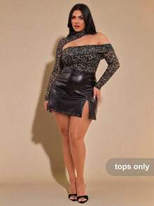 SHEIN BAE Plus Size Women Leopard Print Asymmetrical Collar Long Sleeve Elegant Bodysuit, Winter - Khaki - View 6