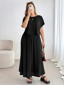 Shapeblank Bộ đồ nữ cỡ lớn mùa xuân/hè, kiểu dáng thường ngày, rộng rãi, co giãn, thoải mái, cơ bản, giúp tôn dáng, gồm áo tay ngắn và chân váy dài eo chun, màu đen, hai mảnh, trang phục mùa hè, kiểu dáng đơn giản, trang phục đi nhà thờ. - Màu Khaki - Xem 4