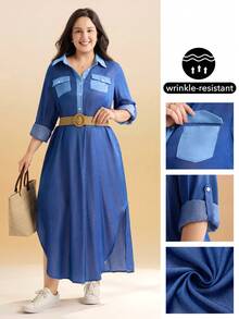 Momelise Plus Size Women Contrast Color Side Slit Long Sleeve Shirt Dress - Blue - View 1