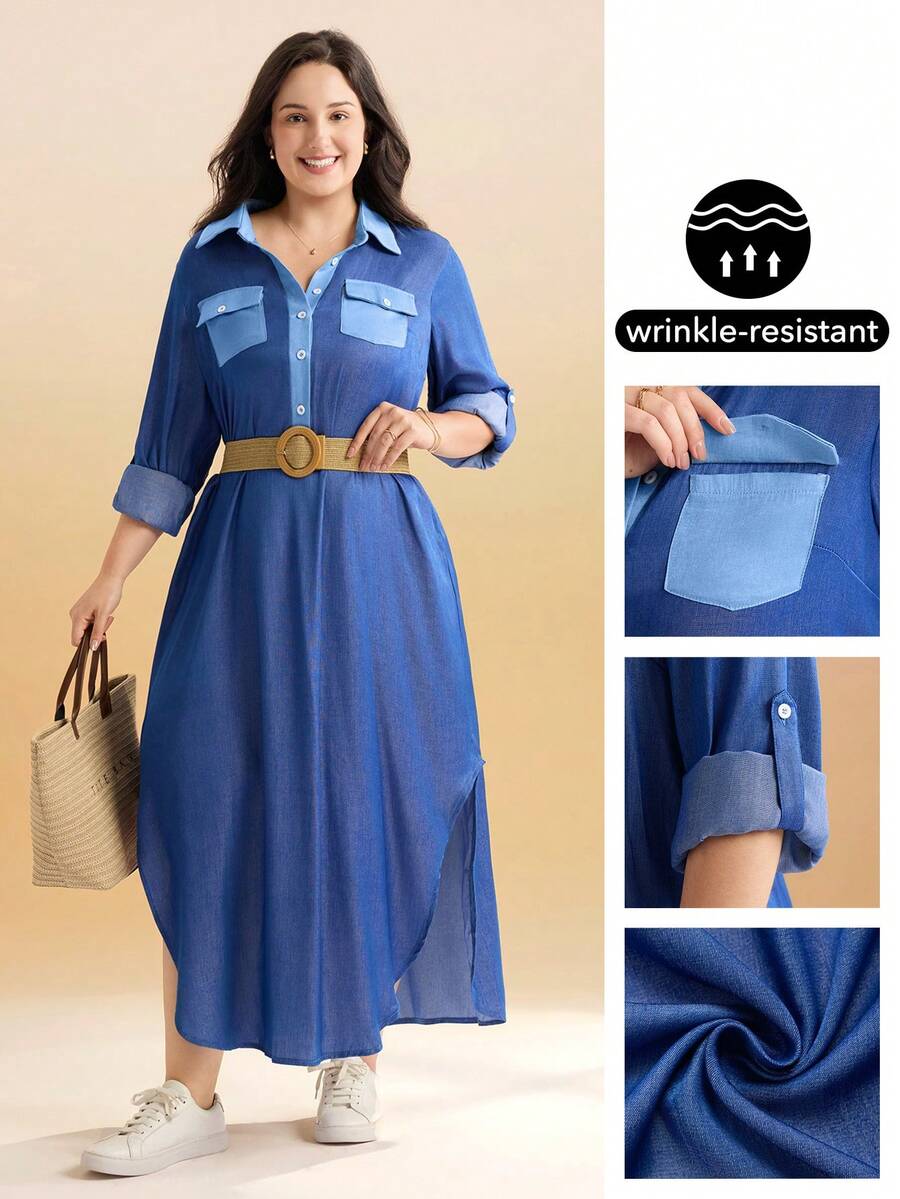 Momelise Plus Size Women Contrast Color Side Slit Long Sleeve Shirt Dress - Blue - View 1