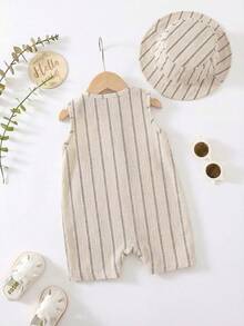 Baby Boy Striped Single-Breasted Round Neck Pocket Casual Sleeveless Romper - Multicolor - View 9