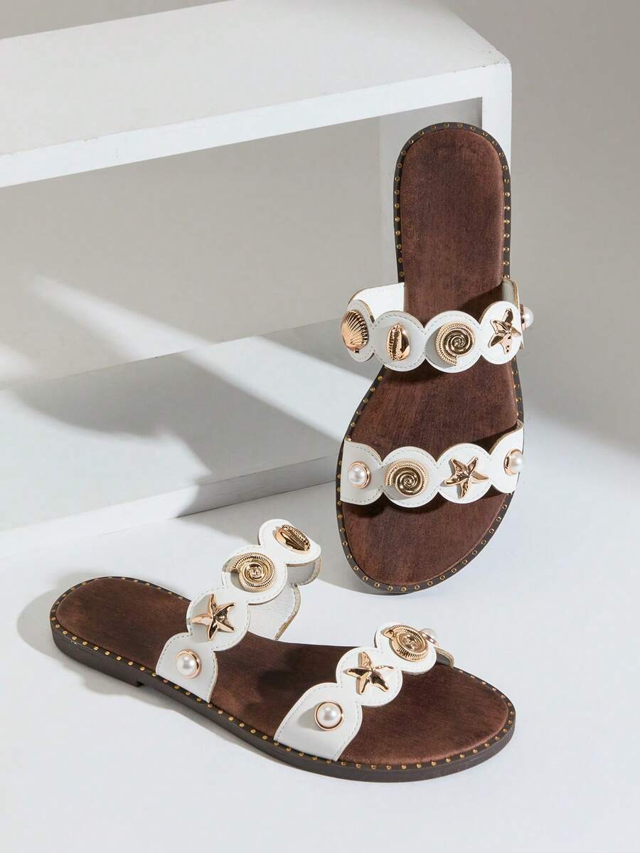 SHUZIA Women's Minimalist Comfortable, Durable, Double Band Slip-On Flat Sandals With Metal Ornaments Valentine's Day - White - View 1