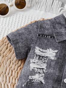 SHEIN 男婴牛仔印花短袖连体衣 - 深灰色 - 查看 4