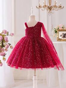 Glamorique Kids Girls' Burgundy Tulle Puff Skirt Dress With Silver Polka Dots, Spaghetti Strap, Shawl, Christmas, Halloween, Children's Day, Party, Birthday, High-End Dress - Burgundy - View 2