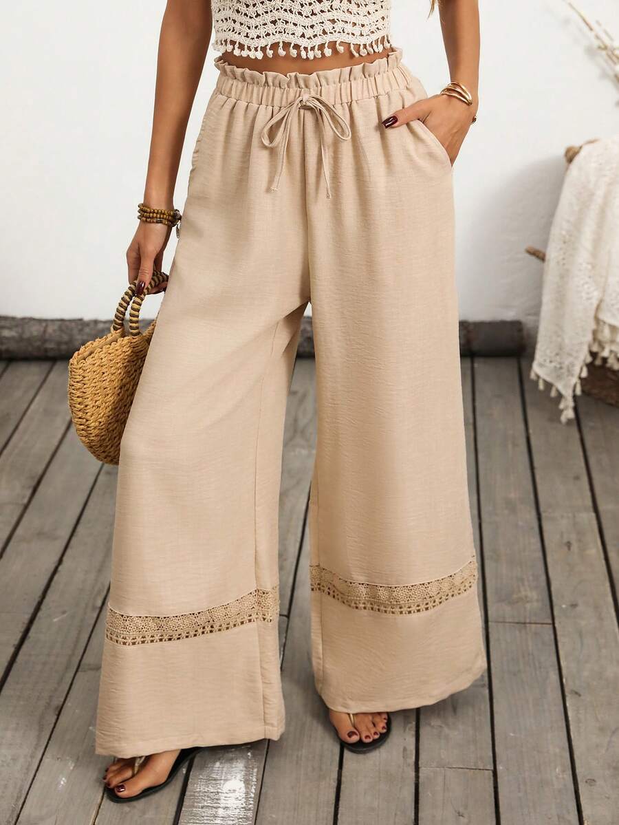 Breezaya Quần ống rộng nữ mùa hè, màu trơn, phối nơ, có túi. - Màu Khaki - Xem 1