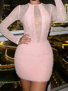 BamGleam 秋冬奢华派对网纱毛绒拼接女士长袖连衣裙 - 粉色 - 查看 5