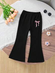 SHEIN Genkimix Kids 女童舒适喇叭裤，蝴蝶印花，休闲时尚黑色长裤，适合外出、聚会和玩耍，夏季 - 黑色 - 查看 3