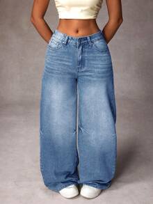 SHEIN ICON Quần jean nữ màu trơn kiểu dáng thường ngày - Màu xanh lam - Xem 3