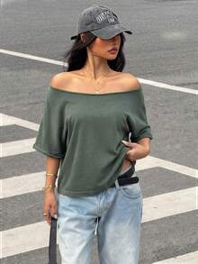 SHEIN Muchic 橄榄绿针织女式蝙蝠袖短袖宽松休闲T恤 深绿色上衣 军绿色上衣 不对称肩部T恤 鼠尾草绿上衣 橄榄绿上衣 军绿色上衣 - 軍綠色 - 查看 4