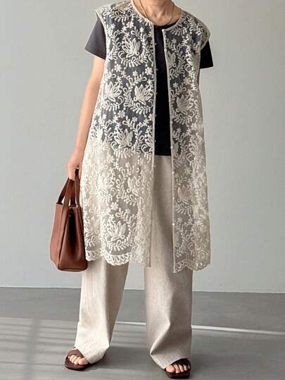 FRIFUL Women's Round Neck Full Lace Vest Layering Top