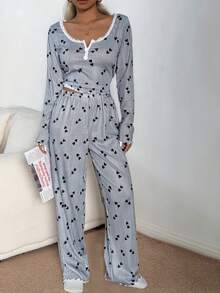 Dream Adore Bộ đồ ngủ dài tay dệt kim jacquard in hình trái tim, viền ren, cổ vuông dành cho nữ. - màu đen - Xem 3