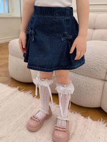DAZY Váy denim dễ thương kiểu dáng thường ngày cho bé gái, có nơ trang trí, thích hợp cho mùa hè. - Màu xanh lam - Xem 2