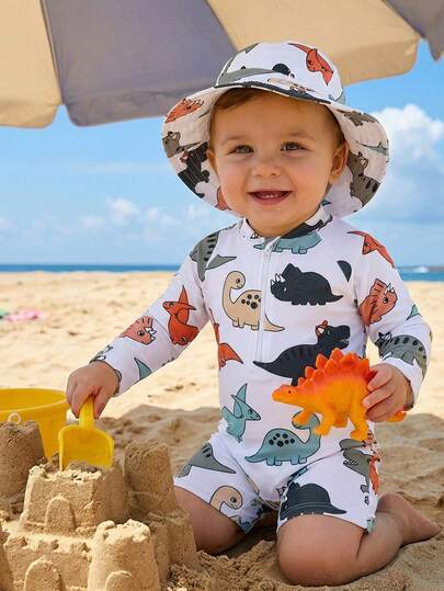 SHEIN Conjunto de bañador de manga larga con estampado de dinosaurio, pantalones cortos y sombrero de sol, unisex para bebé, adecuado para vacaciones, playa, surf, ropa de baño para bebé