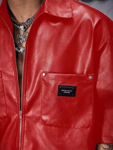 AXEPEAK Men's PU Leather Letter Embroidered Loose Woven Short Sleeve Shirt - Red - View 4