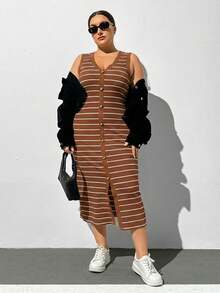 SHEIN Essnce 大码女士条纹V领单排扣优雅收腰派对连衣裙 - 棕色 - 查看 4