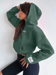 EURMUSE 100%Cotton Women's Letter Print Hooded Sweatshirt - Dark Green - View 5