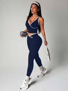 Dewbera 女士无缝瑜伽运动套装，撞色背心和腰带交叉撞色滚边紧身裤 - 藏蓝色 - 查看 3